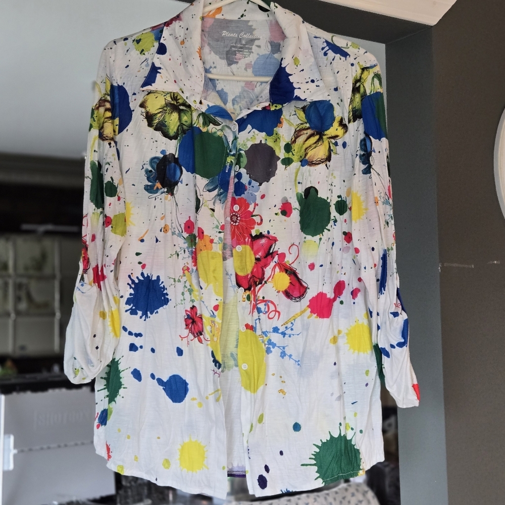 Pleats Collection Colorful Splatter Print Knit Blouse XL